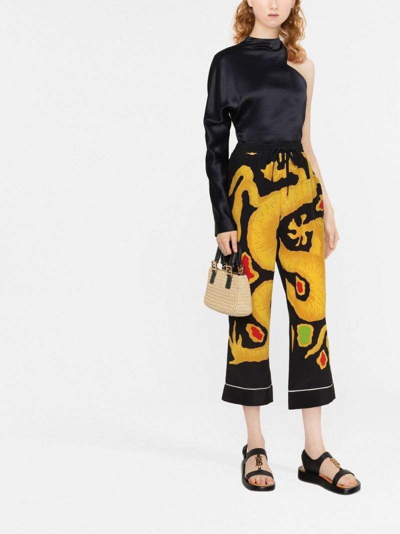 Black Dragon Print Cropped Silk Trousers