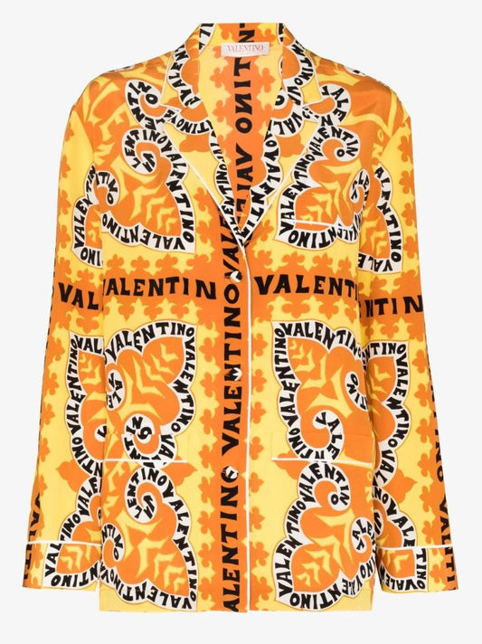 Yellow Abstract Logo Print Silk Shirt