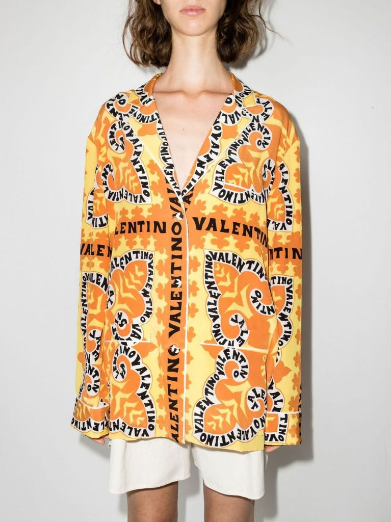 Yellow Abstract Logo Print Silk Shirt