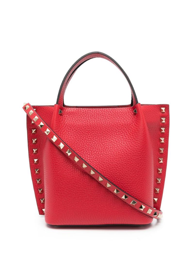 Red Rockstud Leather Tote Bag