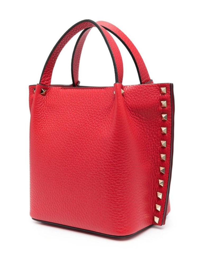 Red Rockstud Leather Tote Bag