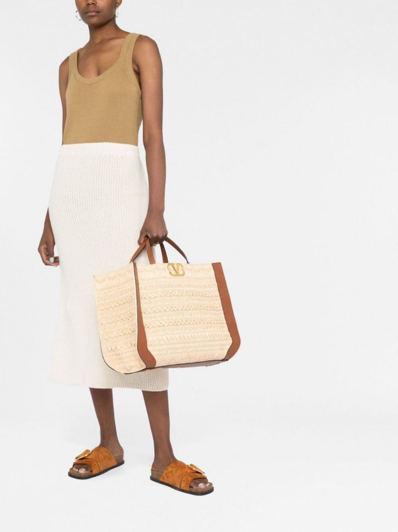 Neutral Vlogo Signature Embroidered Raffia Tote Bag