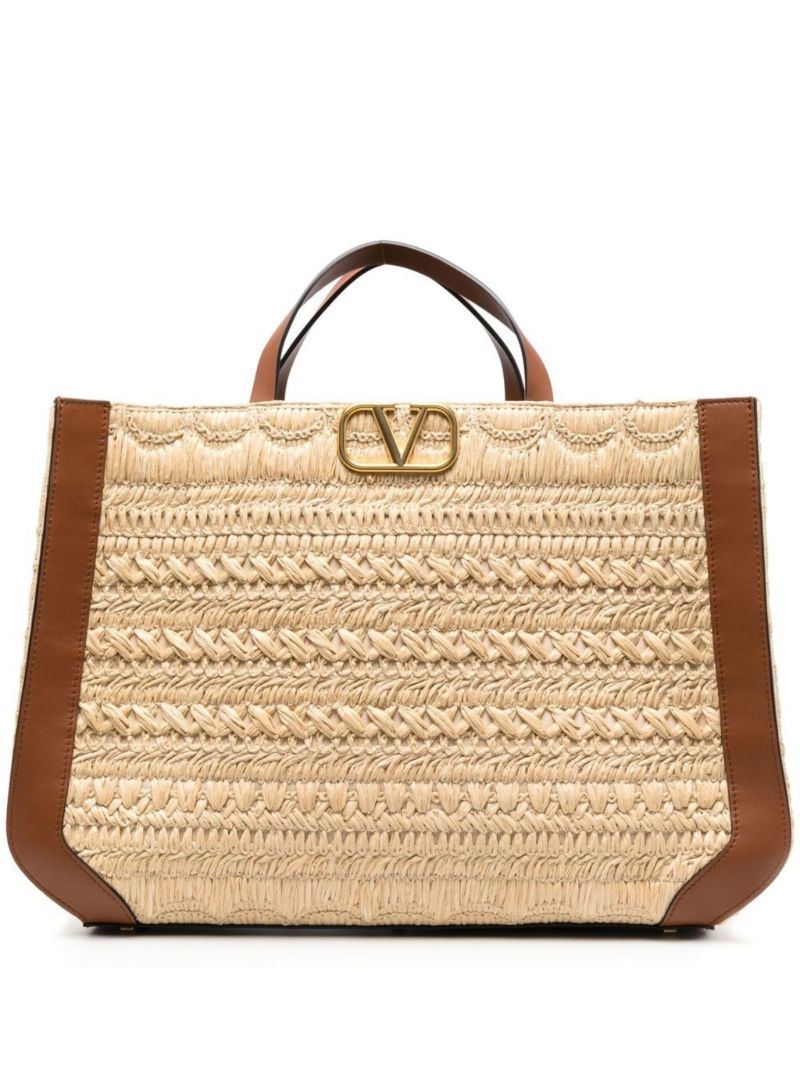 Neutral Vlogo Signature Embroidered Raffia Tote Bag