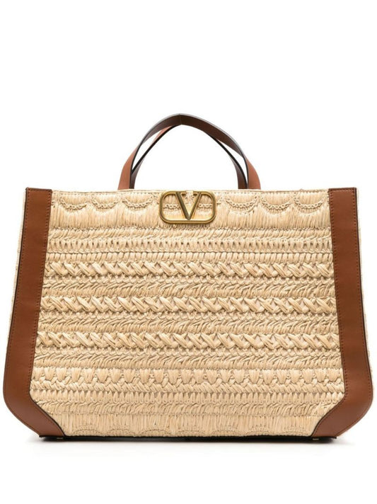 Neutral Vlogo Signature Embroidered Raffia Tote Bag