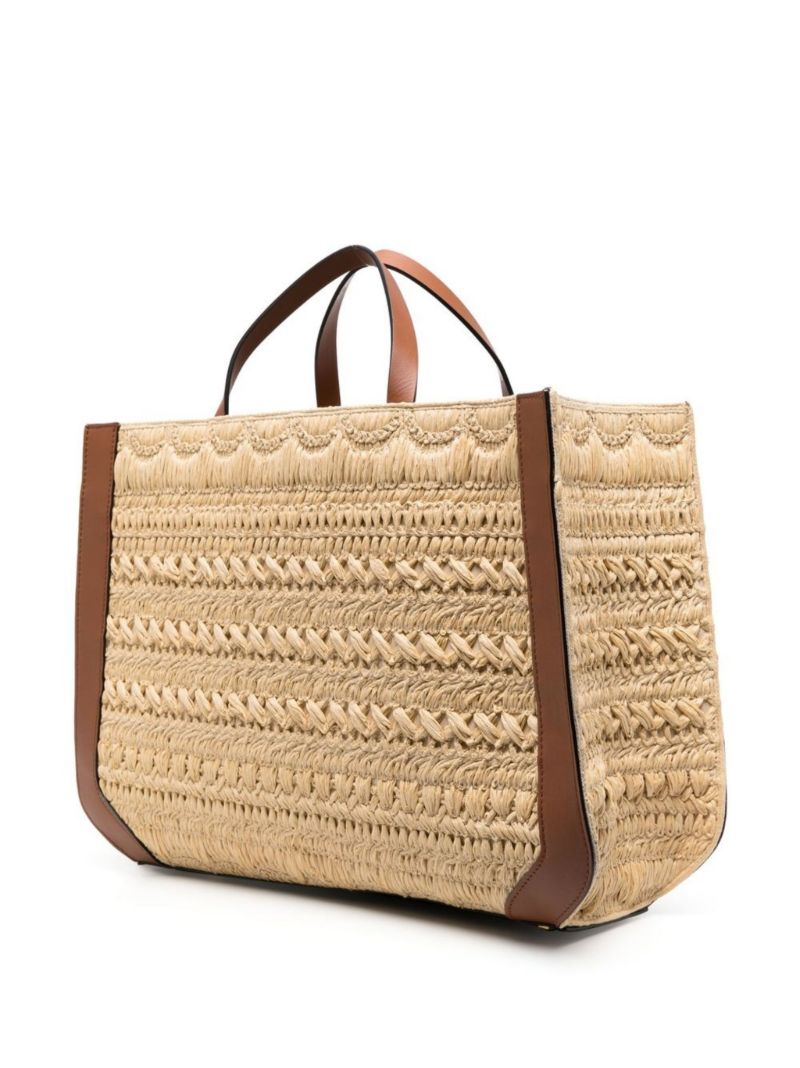 Neutral Vlogo Signature Embroidered Raffia Tote Bag