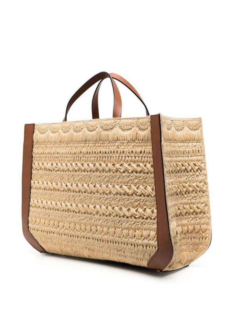 Neutral Vlogo Signature Embroidered Raffia Tote Bag