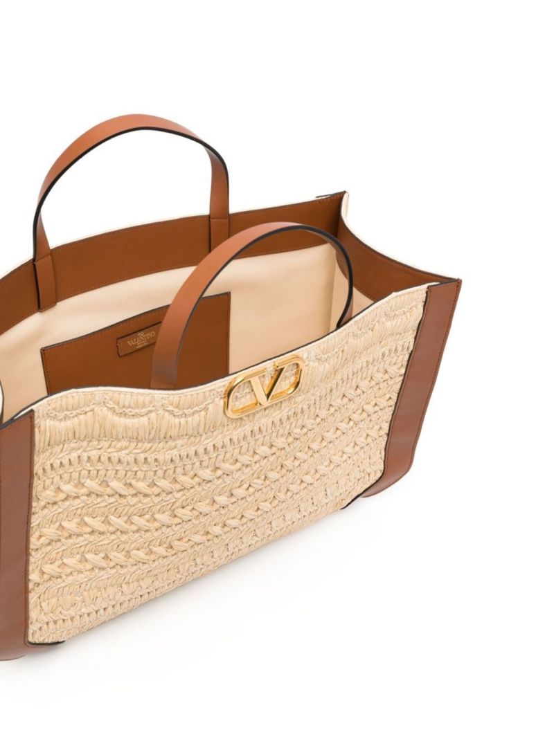 Neutral Vlogo Signature Embroidered Raffia Tote Bag