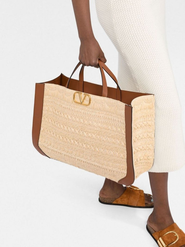 Neutral Vlogo Signature Embroidered Raffia Tote Bag