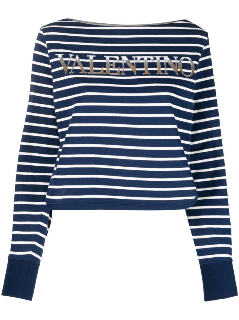 Blue Striped Sequin Logo Long Sleeve Top