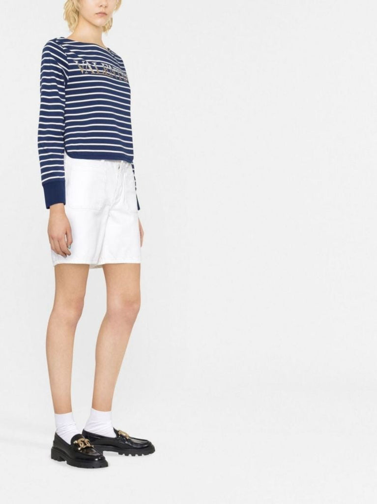 Blue Striped Sequin Logo Long Sleeve Top