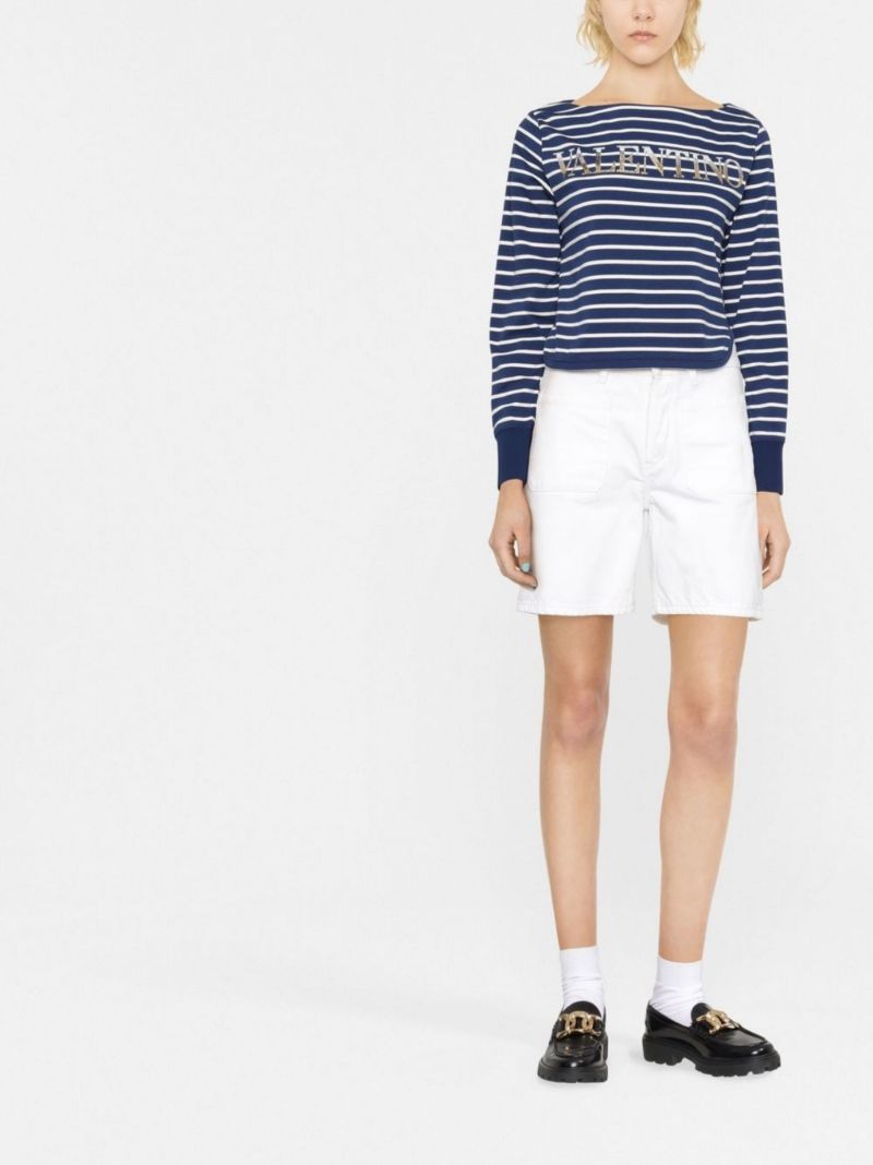 Blue Striped Sequin Logo Long Sleeve Top