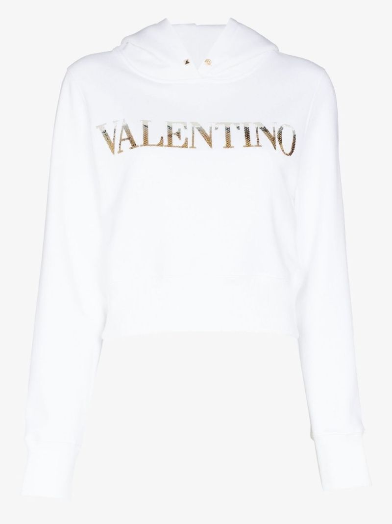 White Embellished Logo Cropped Cotton Hoodie