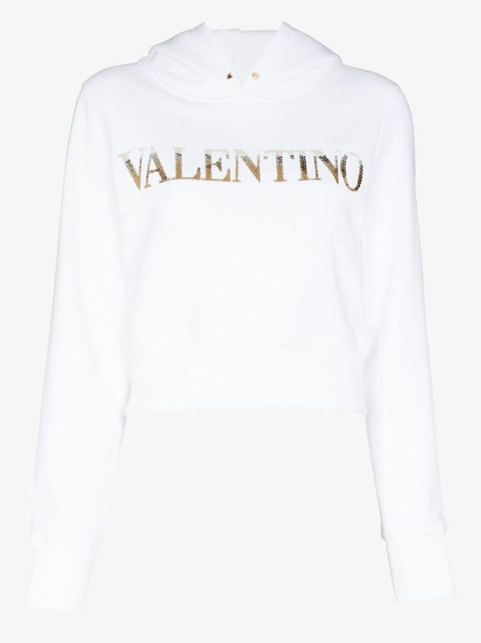 White Embellished Logo Cropped Cotton Hoodie
