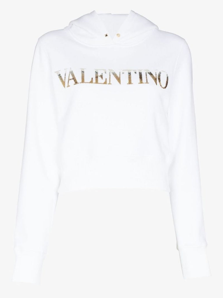 White Embellished Logo Cropped Cotton Hoodie