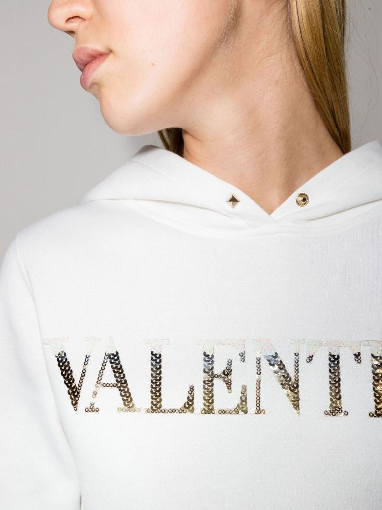 White Embellished Logo Cropped Cotton Hoodie
