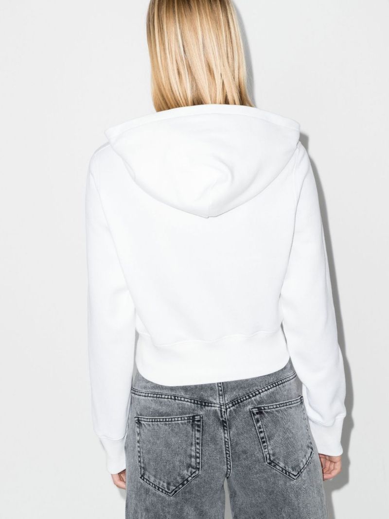 White Embellished Logo Cropped Cotton Hoodie