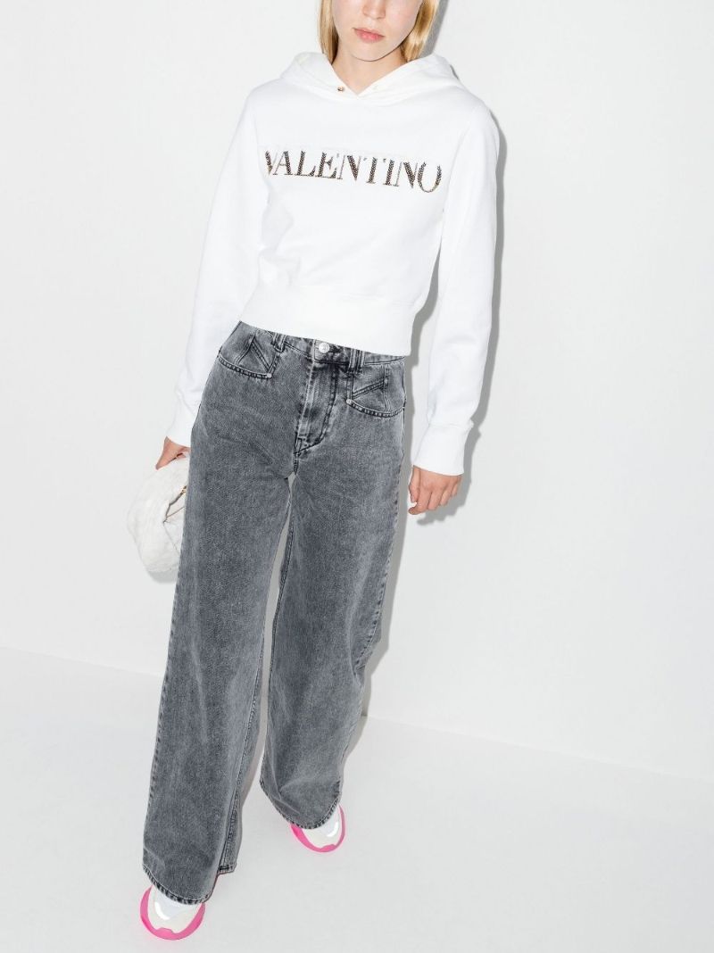 White Embellished Logo Cropped Cotton Hoodie