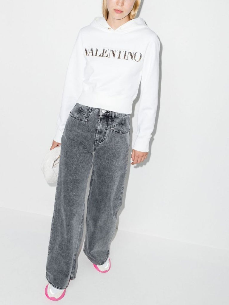 White Embellished Logo Cropped Cotton Hoodie