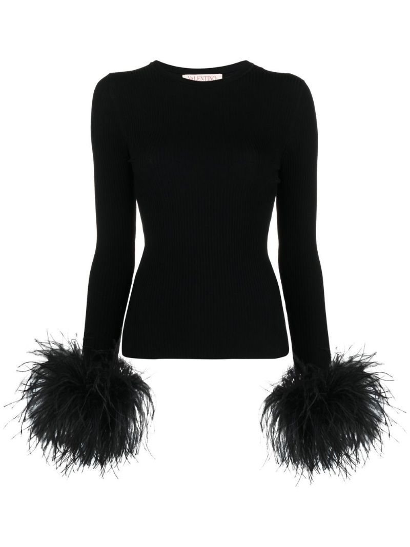 Black Feather Trim Knitted Top