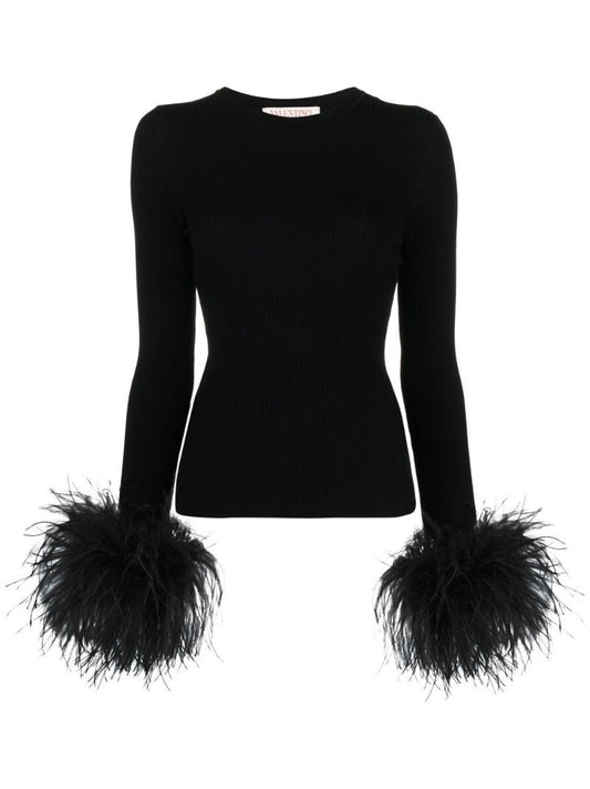 Black Feather Trim Knitted Top