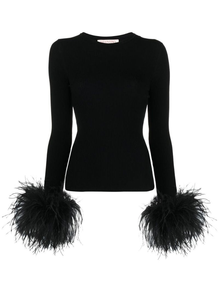 Black Feather Trim Knitted Top