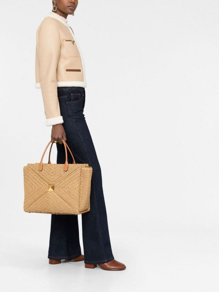 Neutral One Stud Large Raffia Tote Bag
