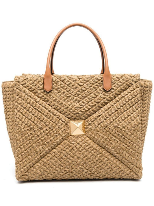 Neutral One Stud Large Raffia Tote Bag