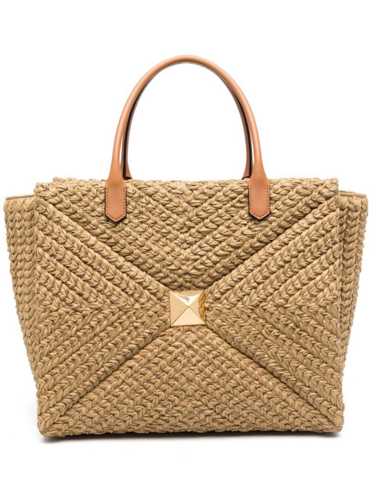 Neutral One Stud Large Raffia Tote Bag