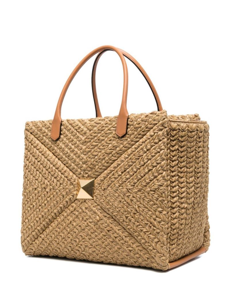 Neutral One Stud Large Raffia Tote Bag