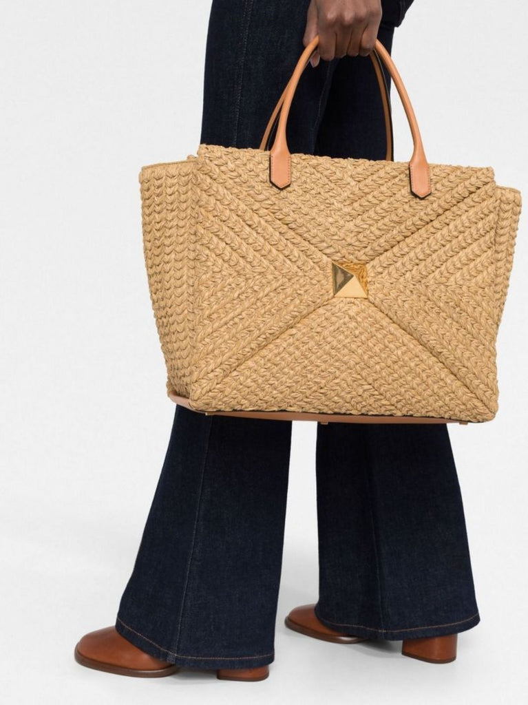 Neutral One Stud Large Raffia Tote Bag