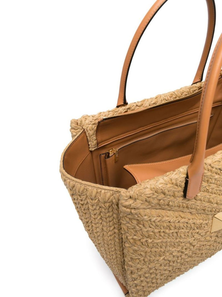 Neutral One Stud Large Raffia Tote Bag