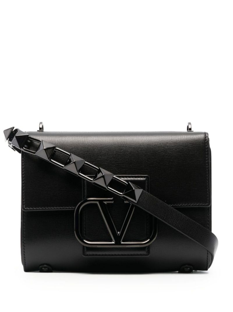 Black Vlogo Signature Leather Shoulder Bag