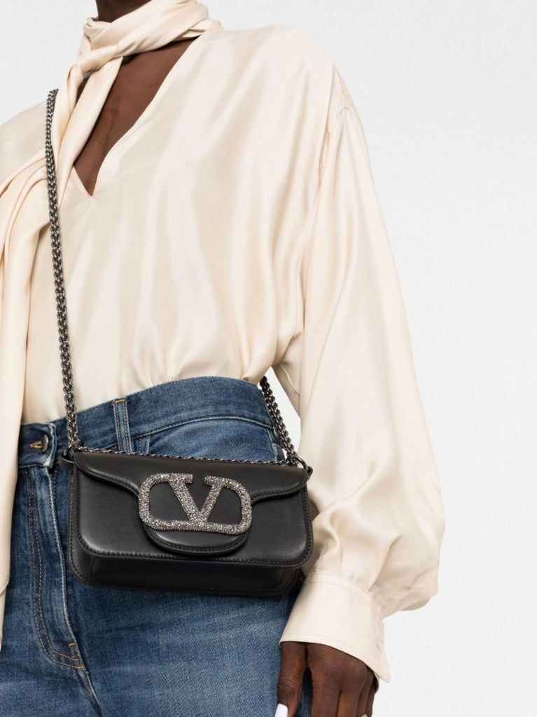 Black Vlogo Leather Tote Bag