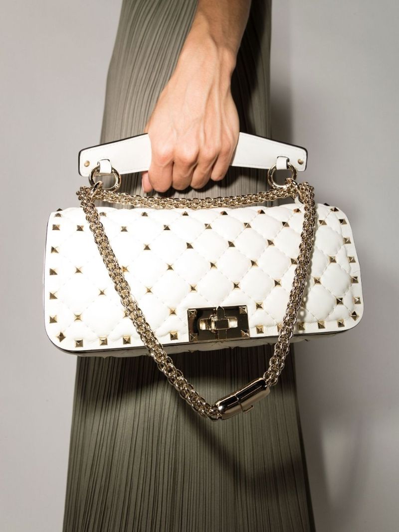 White Rockstud Spike Leather Shoulder Bag