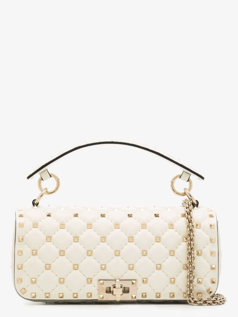 White Rockstud Spike Leather Shoulder Bag
