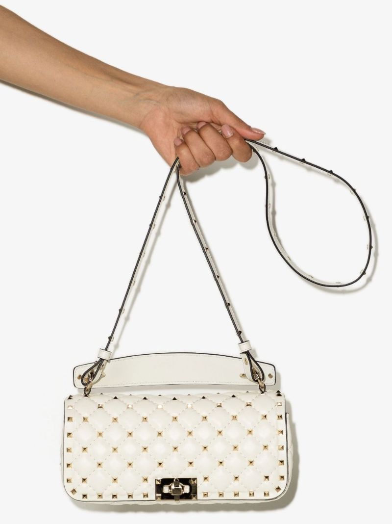 White Rockstud Spike Leather Shoulder Bag