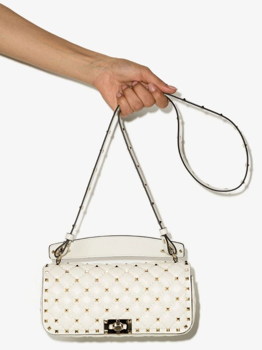 White Rockstud Spike Leather Shoulder Bag