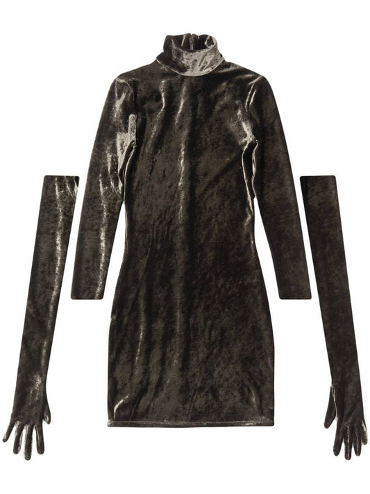 Brown Crushed Velvet Dress with Gloves