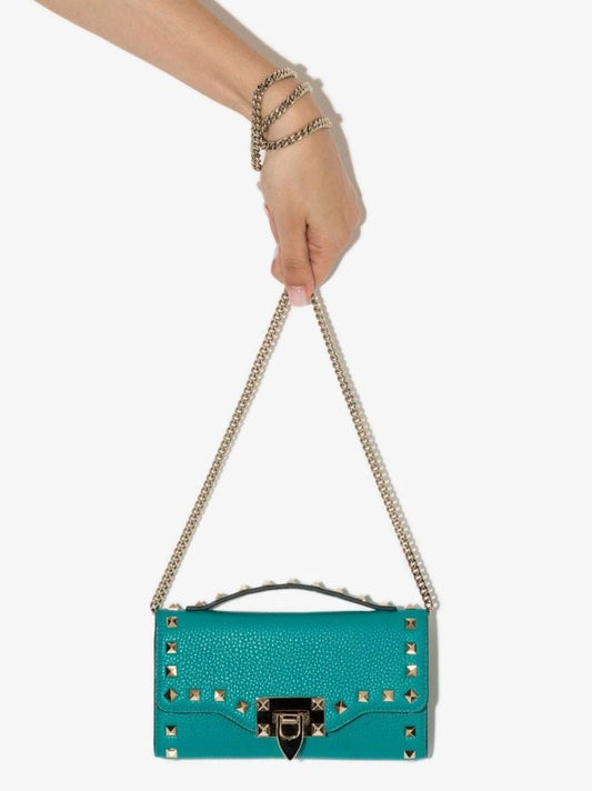 Green Rockstud Leather Chain Wallet