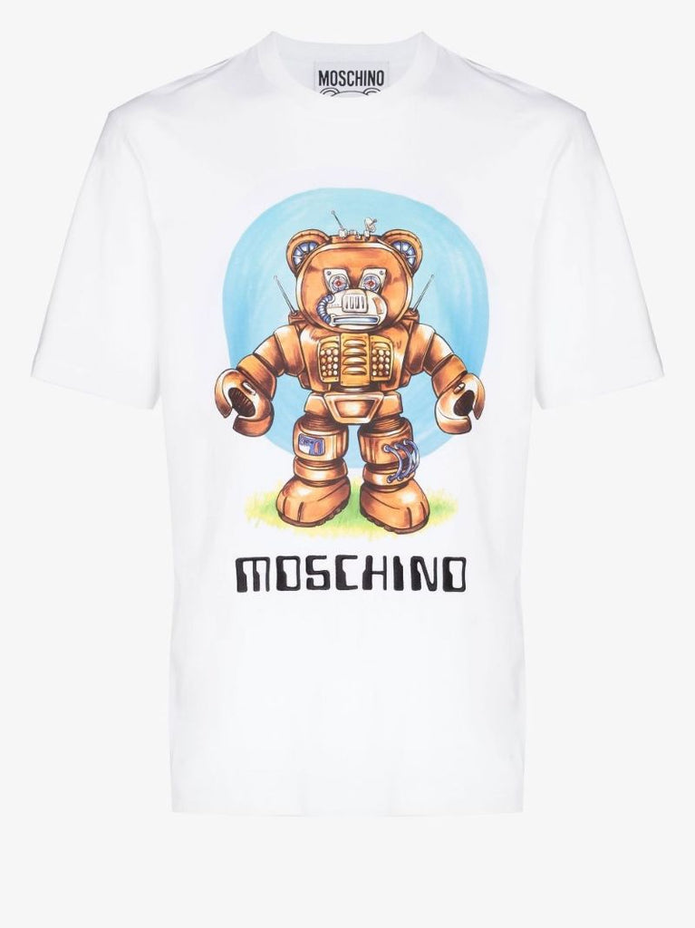 White Robot Teddy Bear Print Organic Cotton T-shirt