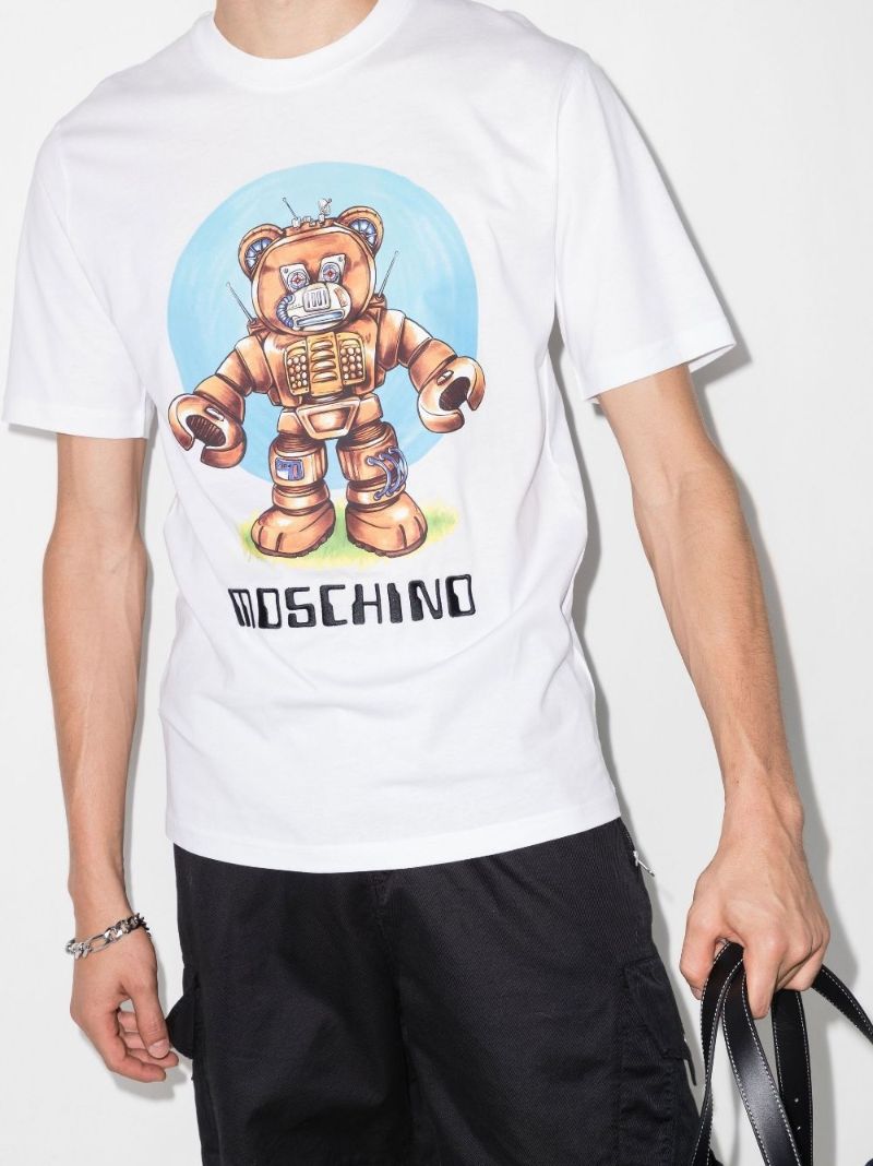 White Robot Teddy Bear Print Organic Cotton T-shirt