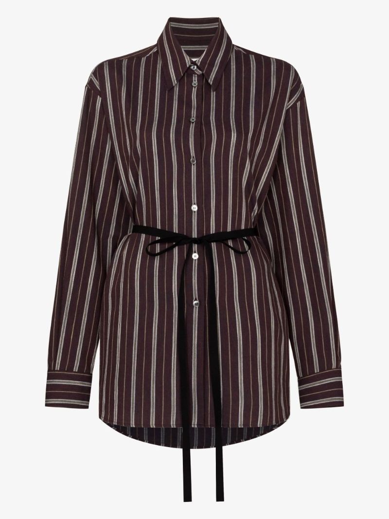Brown Vertical Stripe Belted Shirt