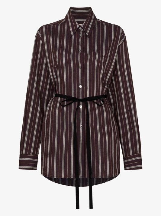 Brown Vertical Stripe Belted Shirt