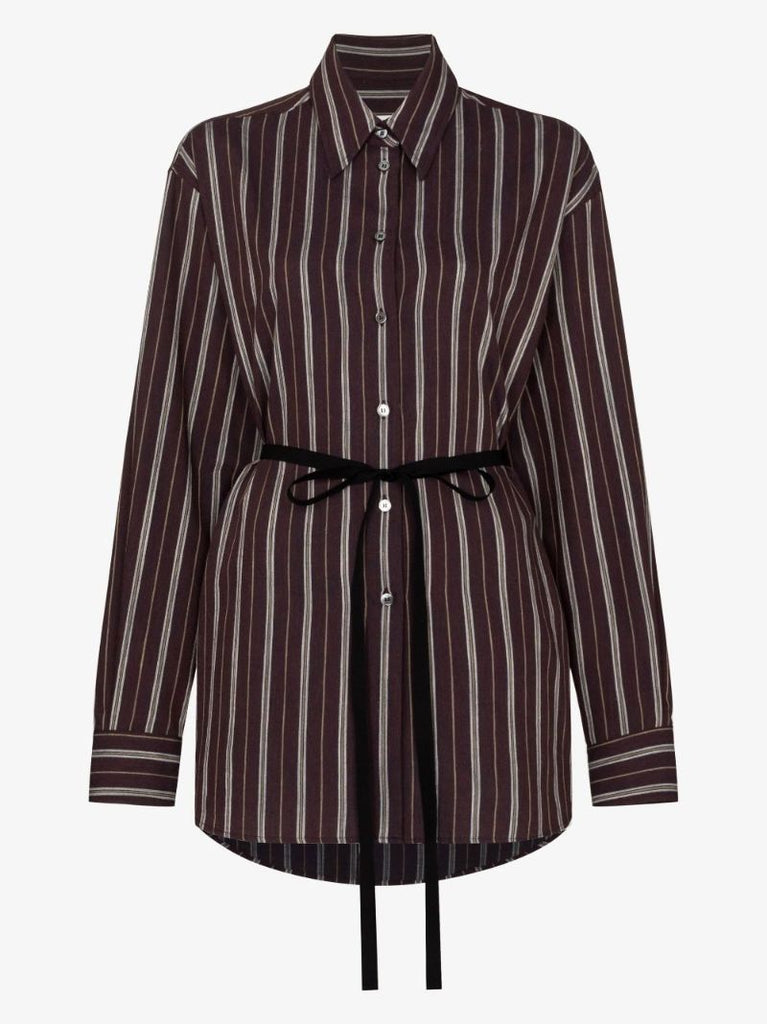 Brown Vertical Stripe Belted Shirt