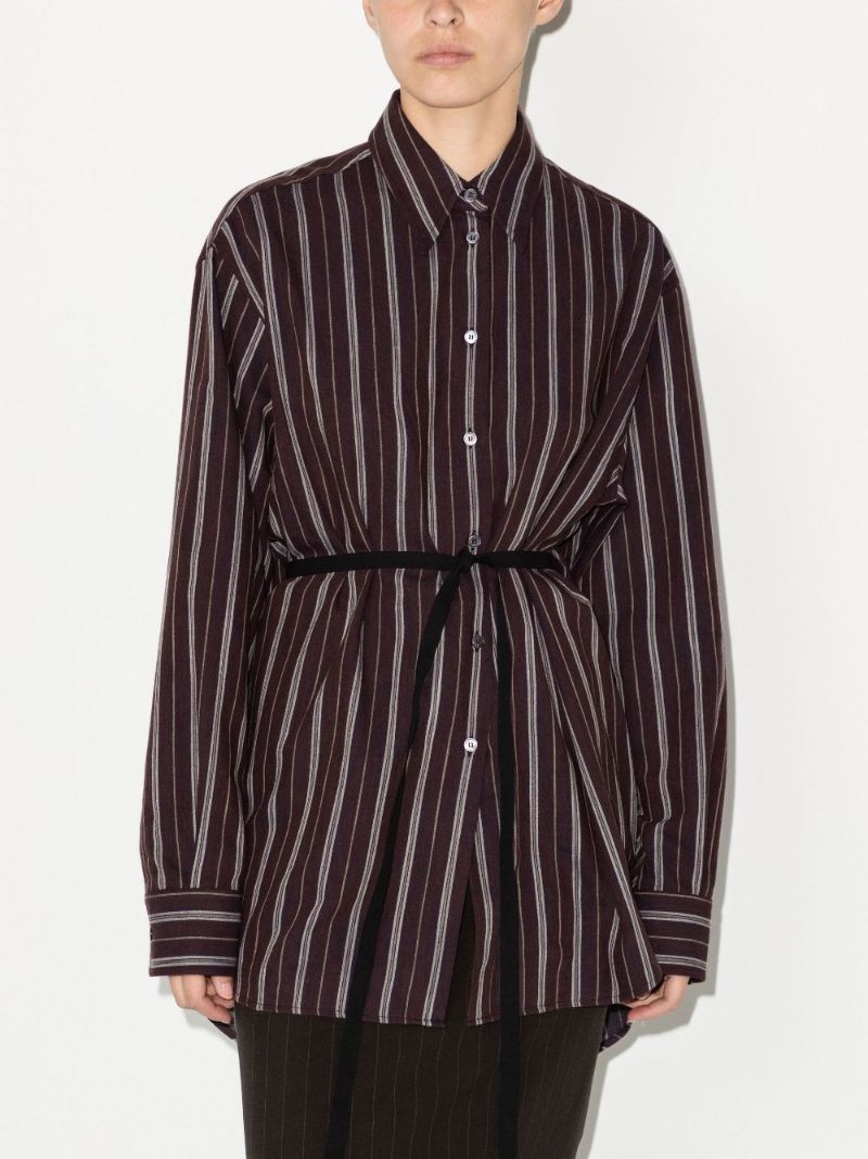 Brown Vertical Stripe Belted Shirt