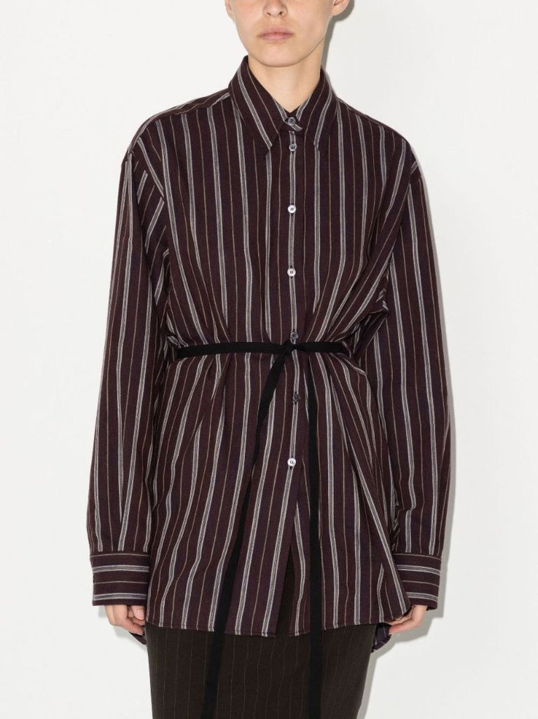 Brown Vertical Stripe Belted Shirt