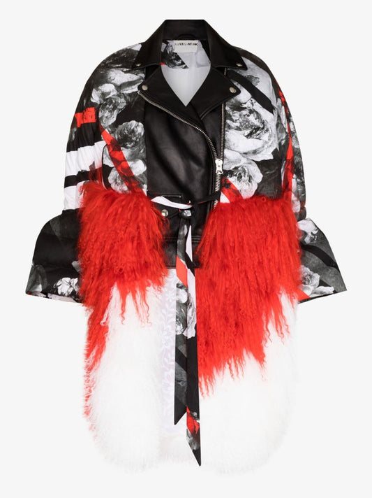 Black and White Reconstructed Leather Puffer Coat