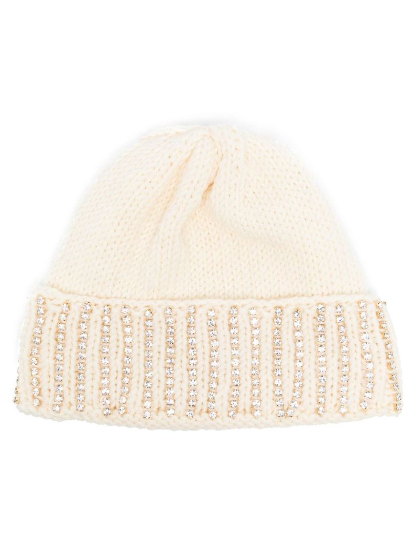 Neutral Crystal-embellished Wool Beanie Hat