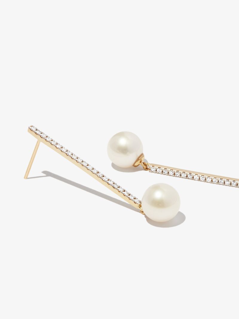 14k Yellow Gold Diamond Pearl Drop Earrings