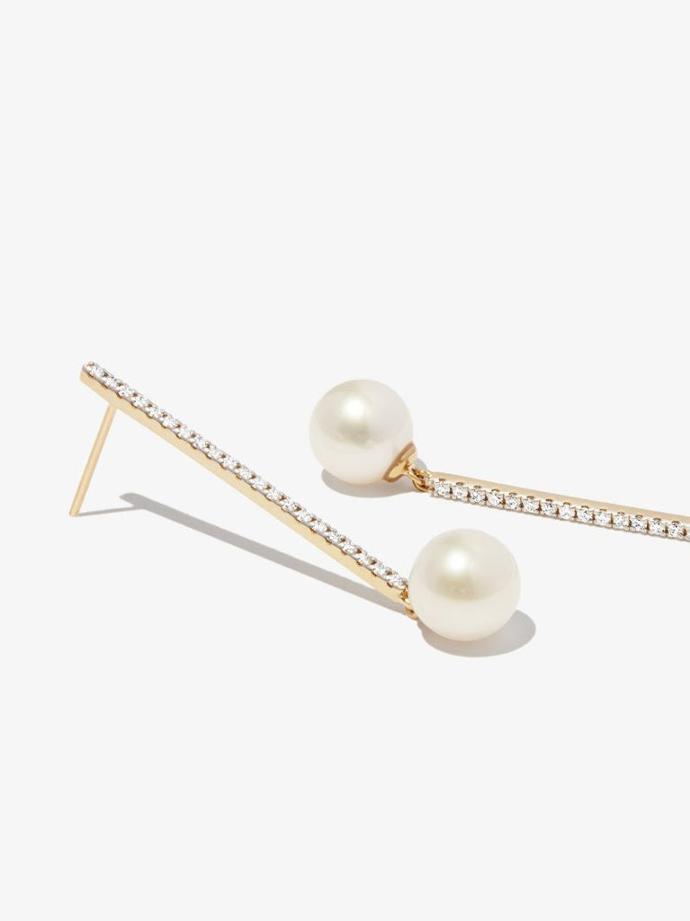 14k Yellow Gold Diamond Pearl Drop Earrings